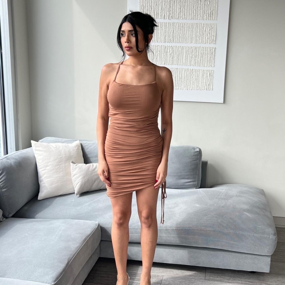 Revolve MAJORELLE Janice Ruched Mini Dress in Spice Brown size small - Picture 2 of 4
